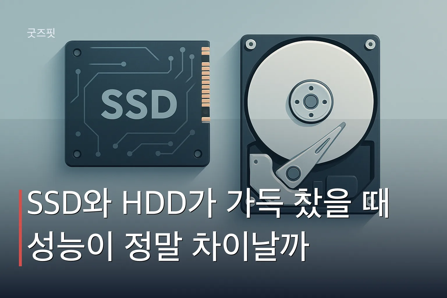 SSD와 HDD 저장장치를 비교한 일러스트로 SSD HDD 용량 가득 성능 차이를 시각적으로 표현한 이미지