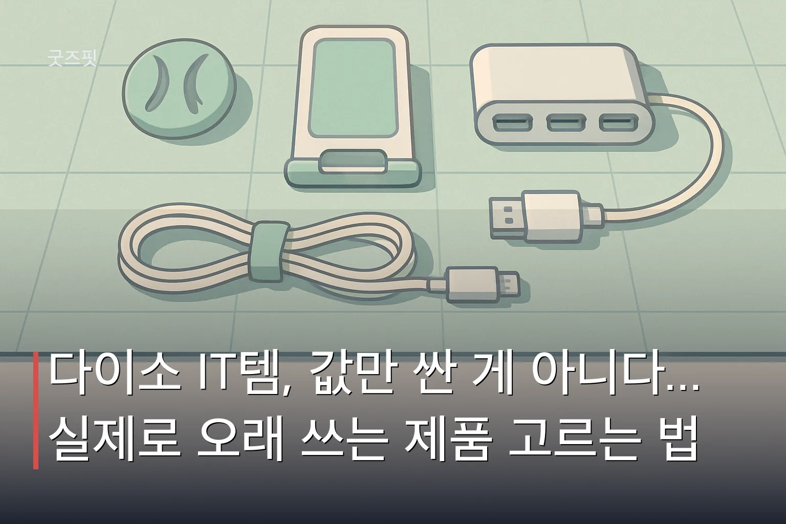 다이소 추천 제품인 케이블 정리 홀더와 소형 IT 액세서리들이 책상 위에 깔끔하게 정리된 모습