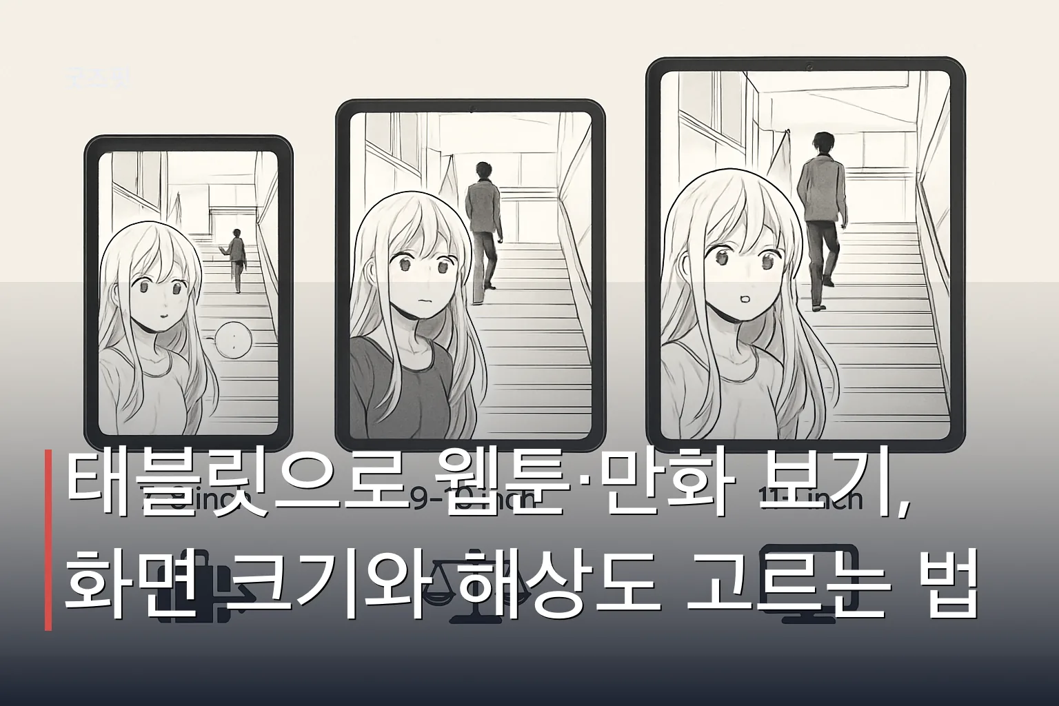 웹툰·만화 감상 태블릿 화면 크기 비교: 7~8인치 휴대용, 9~10인치 균형형, 11인치 이상 대형 화면으로 구분된 세 개 태블릿