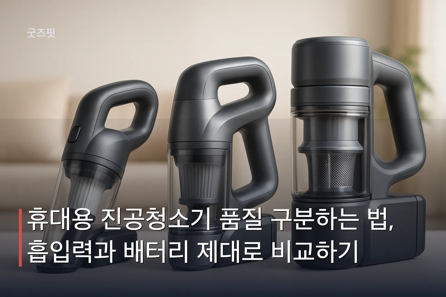 세 가지 등급의 휴대용 진공청소기를 나란히 배치해 흡입력과 배터리 성능 차이를 시각적으로 비교하는 이미지
