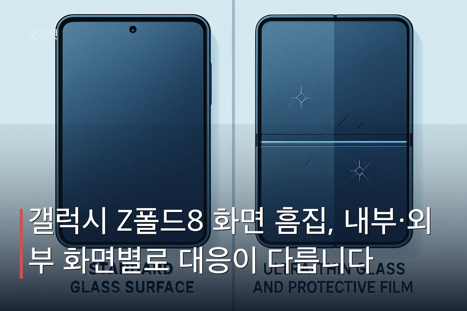 갤럭시 Z폴드8 화면 흠집 대응을 위해 내부와 외부 화면 재질을 비교하는 일러스트로, 왼쪽 외부 화면과 오른쪽 내부 화면의 구조 차이와 폴드선 취약점을 시각적으로 표현했습니다.