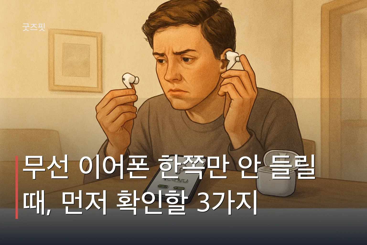 무선 이어폰 한쪽 안 들림 증상을 확인하는 사람이 이어폰과 스마트폰, 충전 케이스를 살펴보고 있는 모습