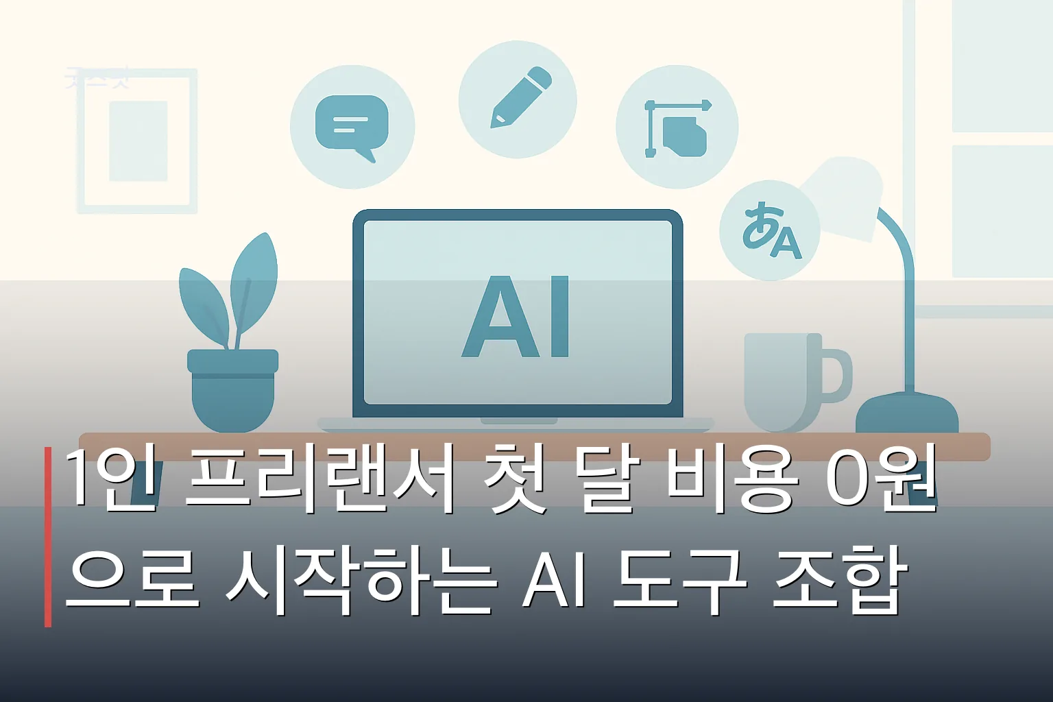 무료 AI 도구 프리랜서 조합으로 첫 달 비용 없이 재택 근무하는 책상과 노트북 일러스트
