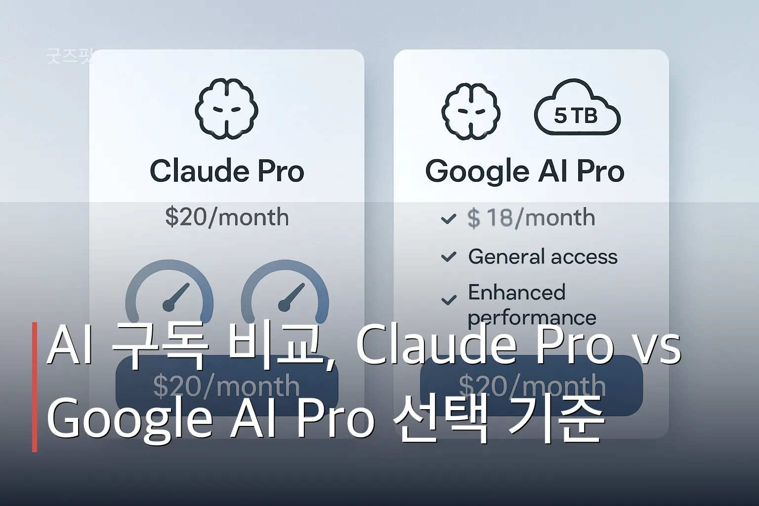 Claude Pro와 Google AI Pro의 월 구독료와 저장공간을 비교하는 두 개의 카드로 표현한 AI 구독 비교 이미지