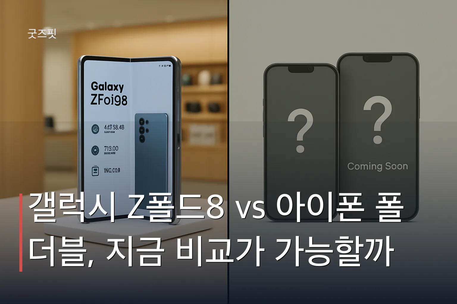 갤럭시 Z폴드8과 아이폰 폴더블을 비교하는 그림. 왼쪽은 실제 매장 진열, 오른쪽은 미정 상태를 시각적으로 표현
