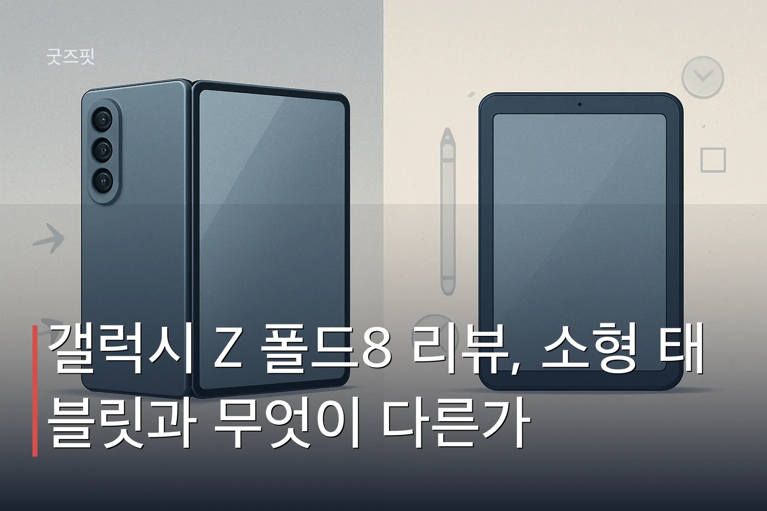 갤럭시 Z 폴드8 폐쇄 상태와 개방 상태를 작은 태블릿과 나란히 비교하는 제품 비교 이미지