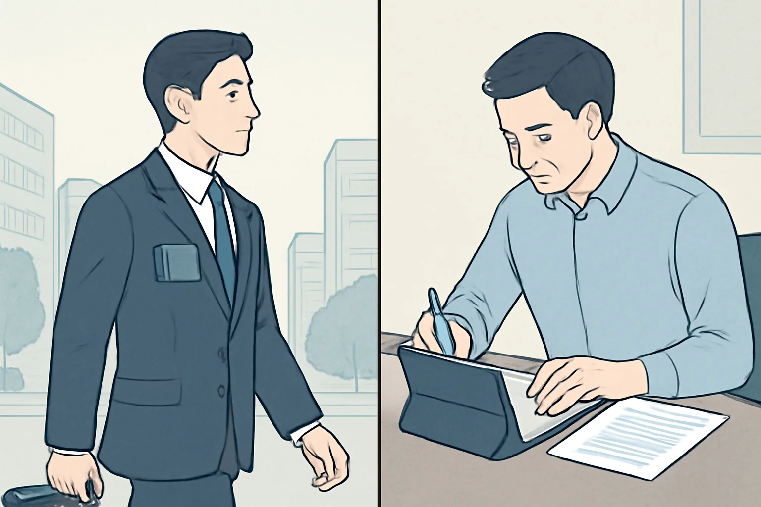 외근 직장인은 주머니 속 접힌 폴더블폰, 책상 작업자는 펼친 태블릿을 사용하는 두 가지 사용 환경 비교