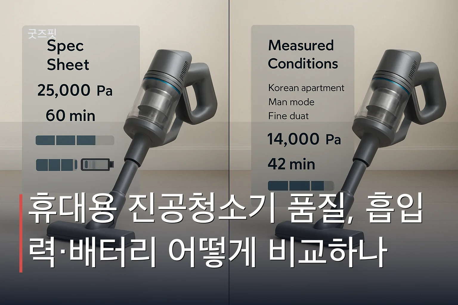 휴대용 진공청소기의 공시 스펙과 실제 성능을 비교하는 도표로, 측정 단위와 조건에 따라 흡입력과 배터리 표시 시간이 달라지는 모습을 시각화한 이미지