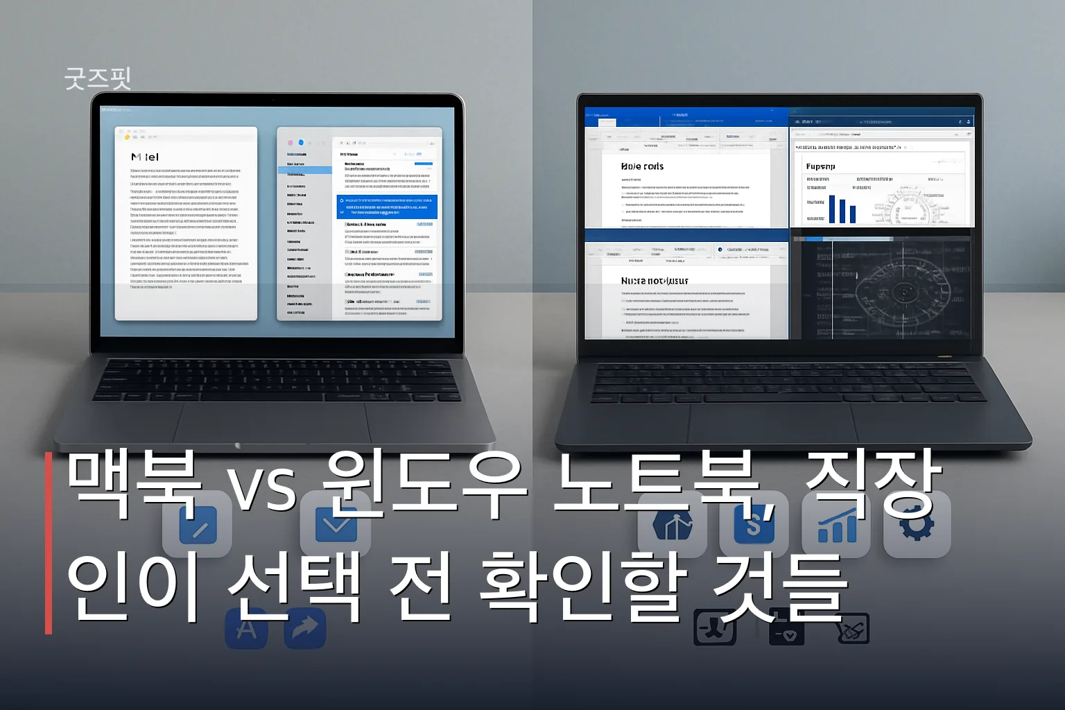 맥북 vs 윈도우 노트북을 책상에 놓고 각각의 소프트웨어 생태계를 비교하는 그림