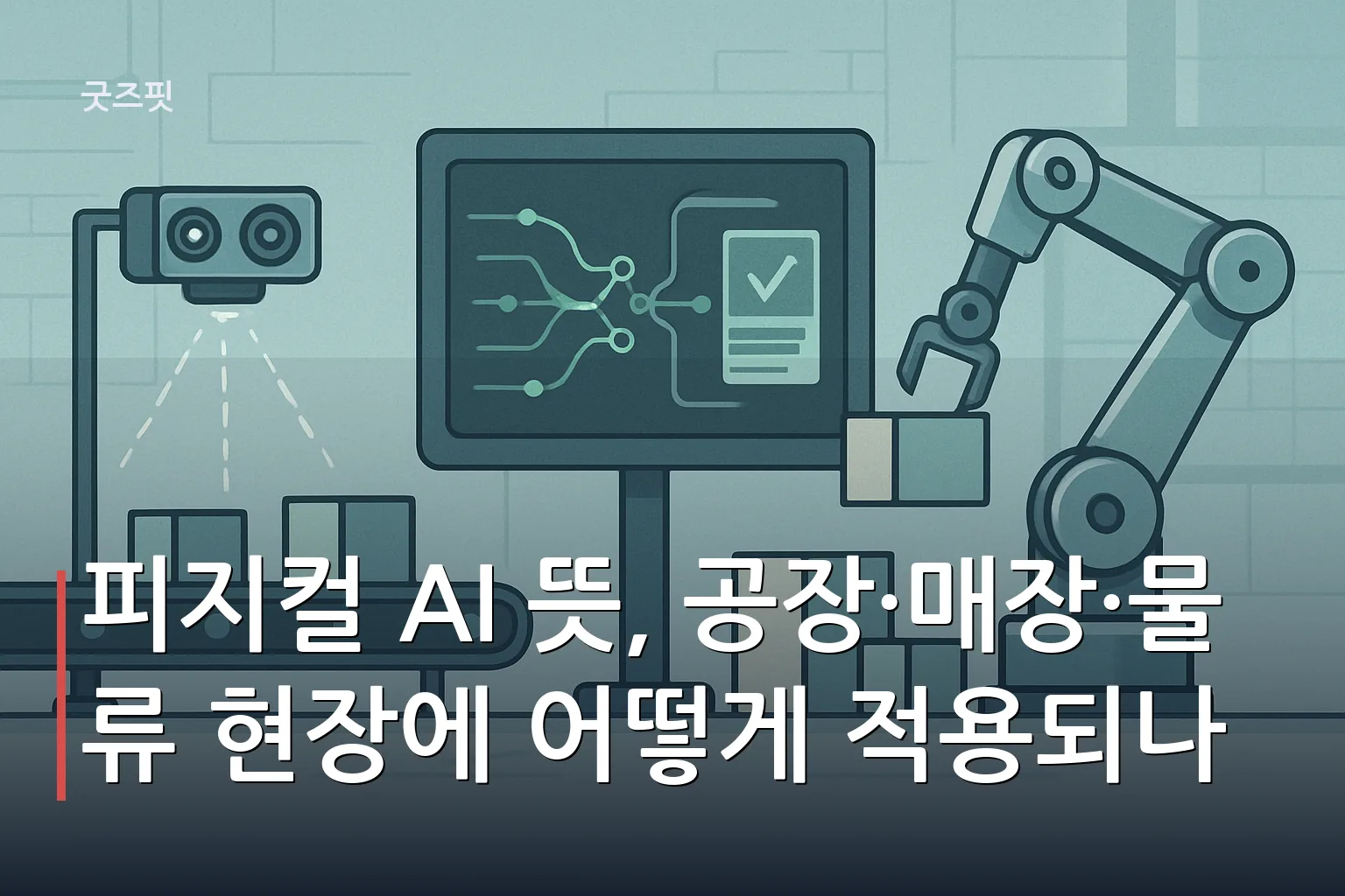 센서가 감지한 정보를 AI가 처리하여 로봇이 작업하는 피지컬 AI의 작동 원리를 보여주는 공장 현장